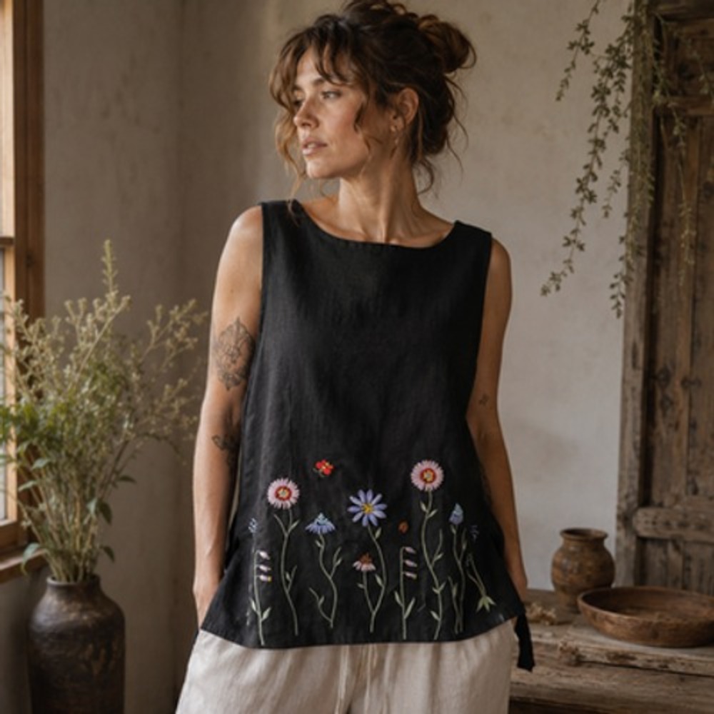 Sheri Martin Tunic Top Womens Large Black Floral Embroidered Boho Ramie Rayon